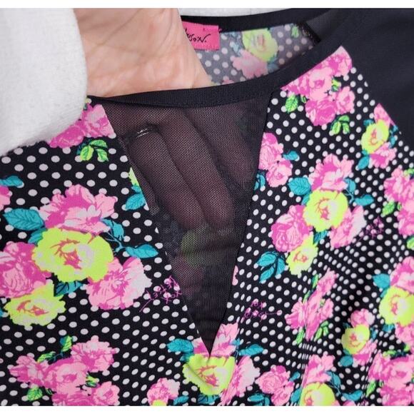 Betsey Johnson Blouse Long Mesh Sleeves Floral Polka dots Women's Size L - Picture 8 of 8
